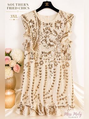 Southern Fried Chics Sequin Dress 3XL White Gold Floral Boutique